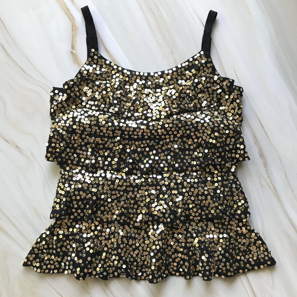 INC International Concepts Gold Sequin Ruffle Tank Top 🌟